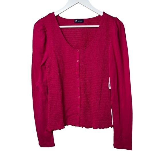 GAP Women Button Front Top Sz S Tall Hot Pink Smocked Button DownLong Sleeve NWT - Picture 11 of 11